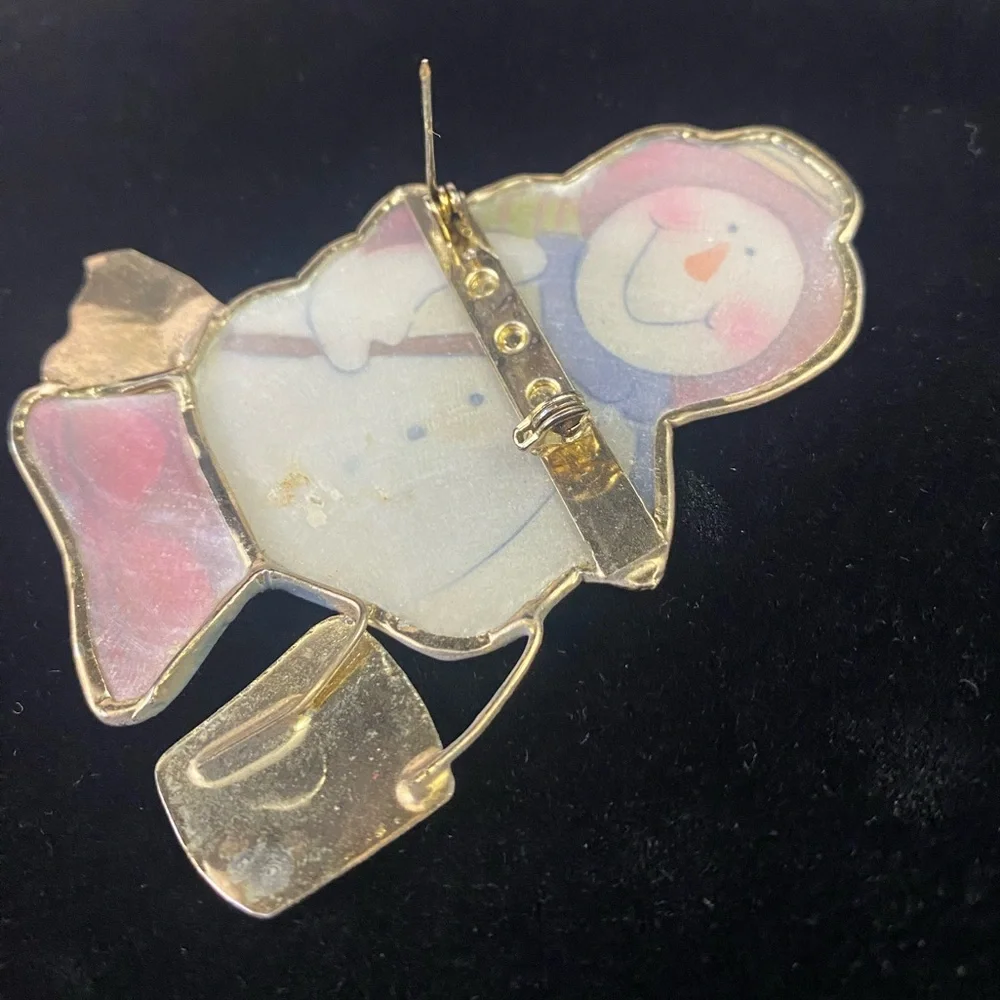 Vintage Snowman Pin Brooch Hand Painted Capiz Shell Gold Tone Christmas